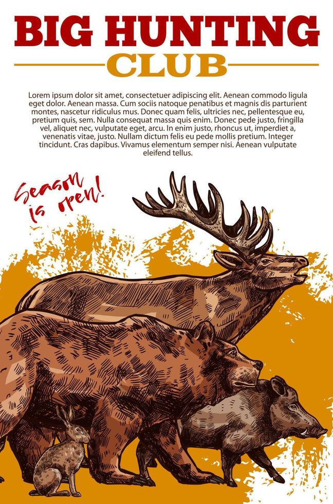 cartel de dibujo vectorial del club de caza animales salvajes vector