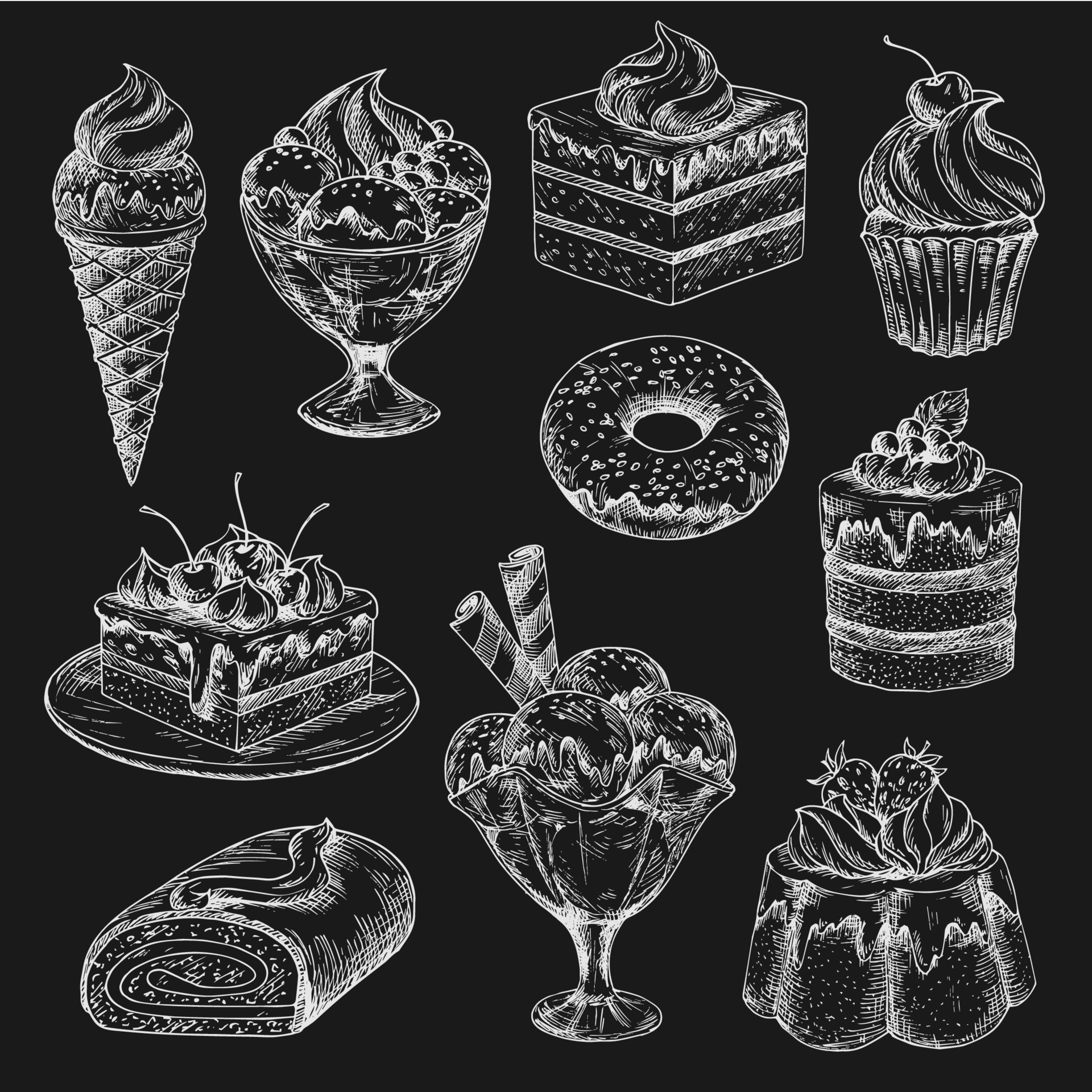Cake and ice cream chalk sketch on blackboard 13053877 Vector Art at