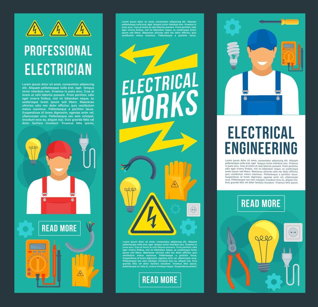 Electrician and electrical works banners vector