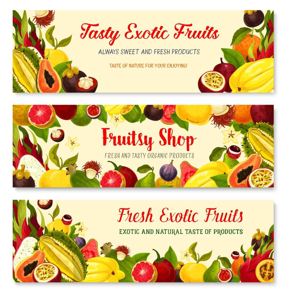 Vector banners of exotic fresh tropical fruits