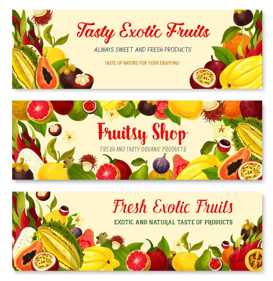 vector banners de exóticas frutas tropicales frescas