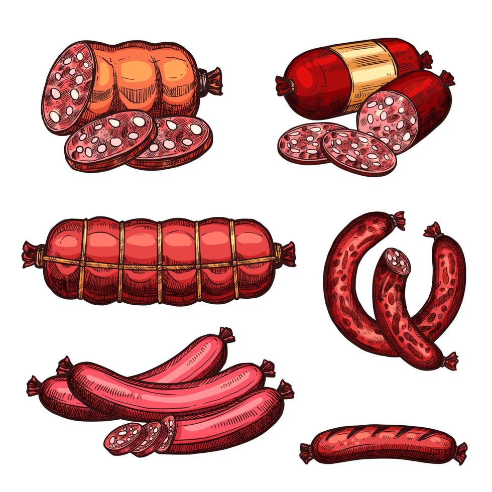 Vector fresh meat sausages products sketch icons