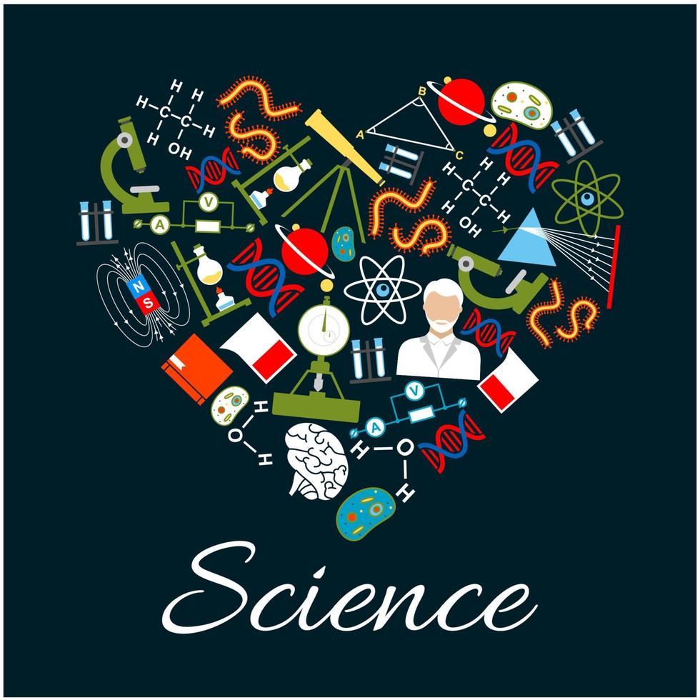 corazón con íconos de ciencia e investigación vector