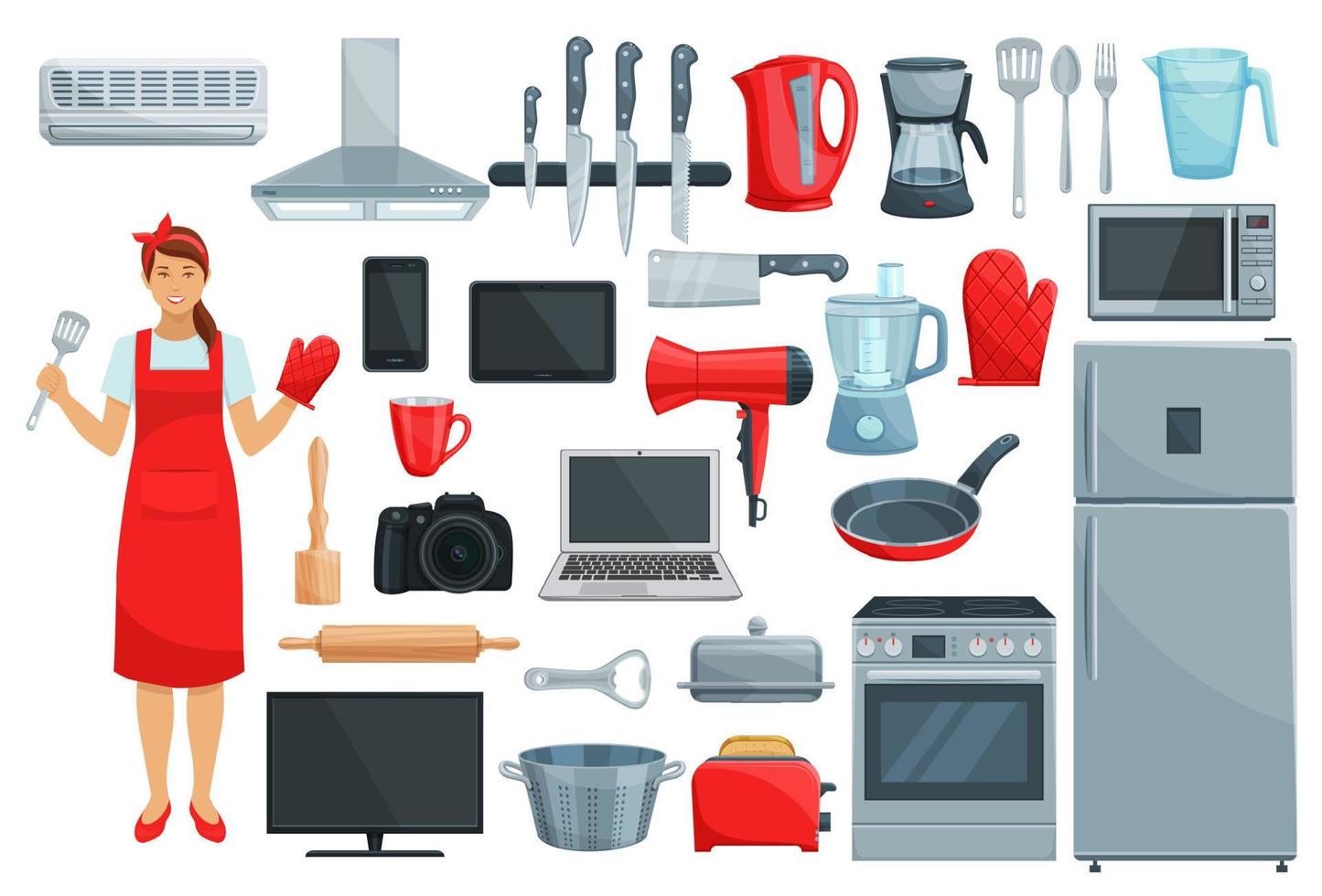 Home appliances, kitchenware, kitchen utencils set vector