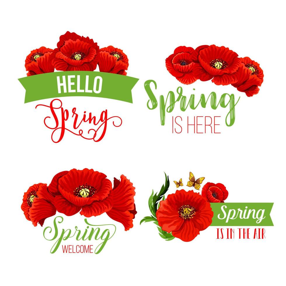 Vector spring time greeting quotes poppy flowers