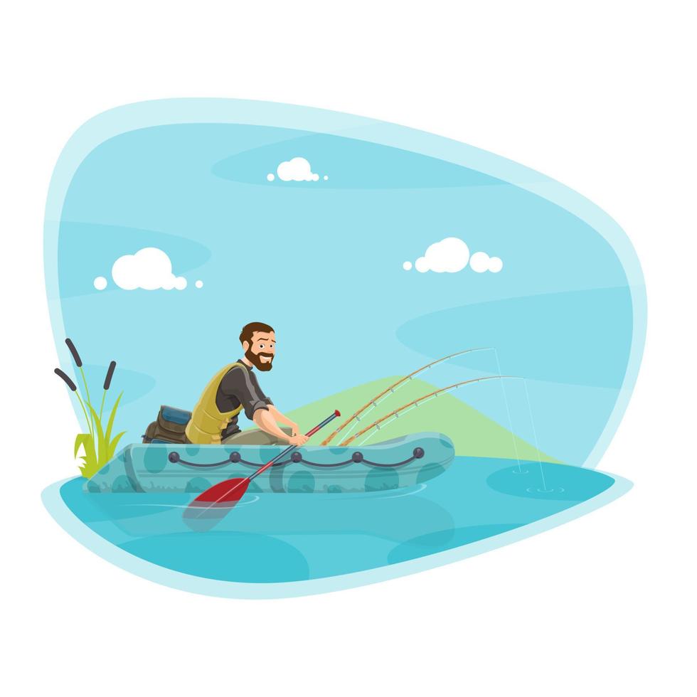 icono de deporte de pesca con pescador en barco con caña vector