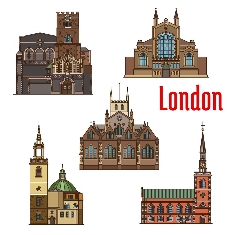 London travel landmark of british church icon set vector