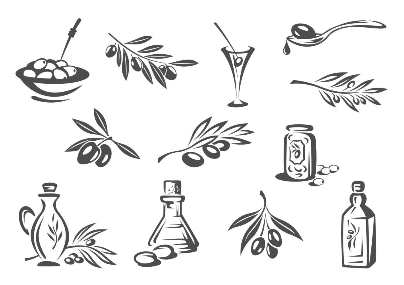 Olive products oil, pickles vector isolated icons