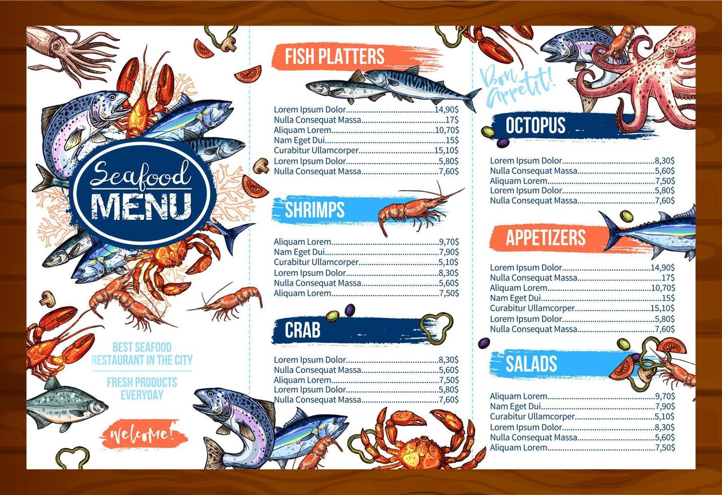 Vector menu for seafood or fish seafood restaurant