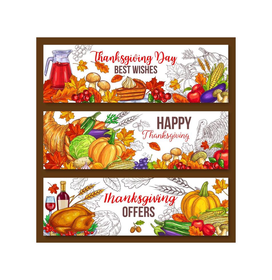 Thanksgiving day vector sketch harvest banners