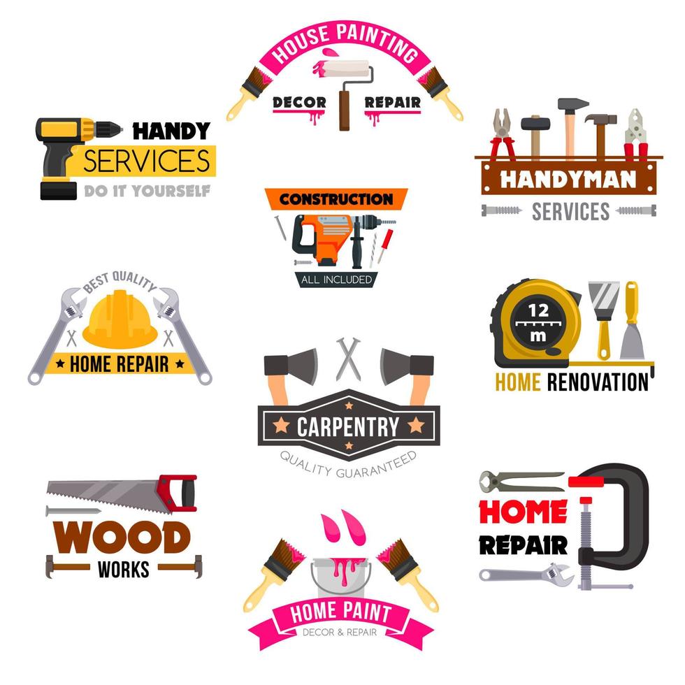 Vector icons set carpentry construction work tools