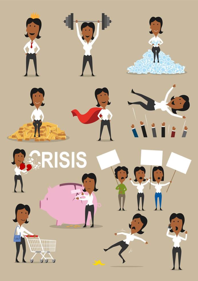 Successful businesswoman activities cartoon set vector