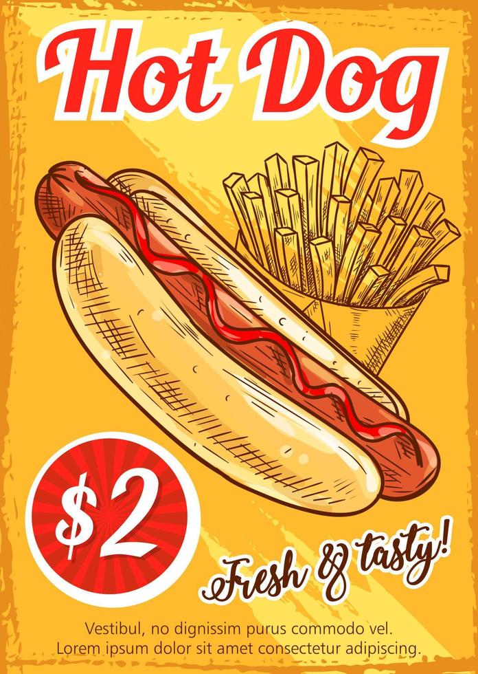 plantilla de póster retro de restaurante de comida rápida de hot dog vector