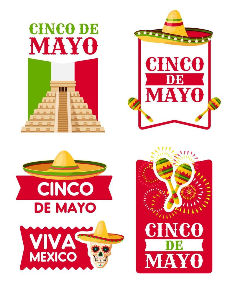 insignia mexicana cinco de mayo de sombrero, maracas vector