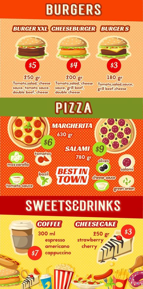 Fast food restaurant menu template of lunch dishes vector