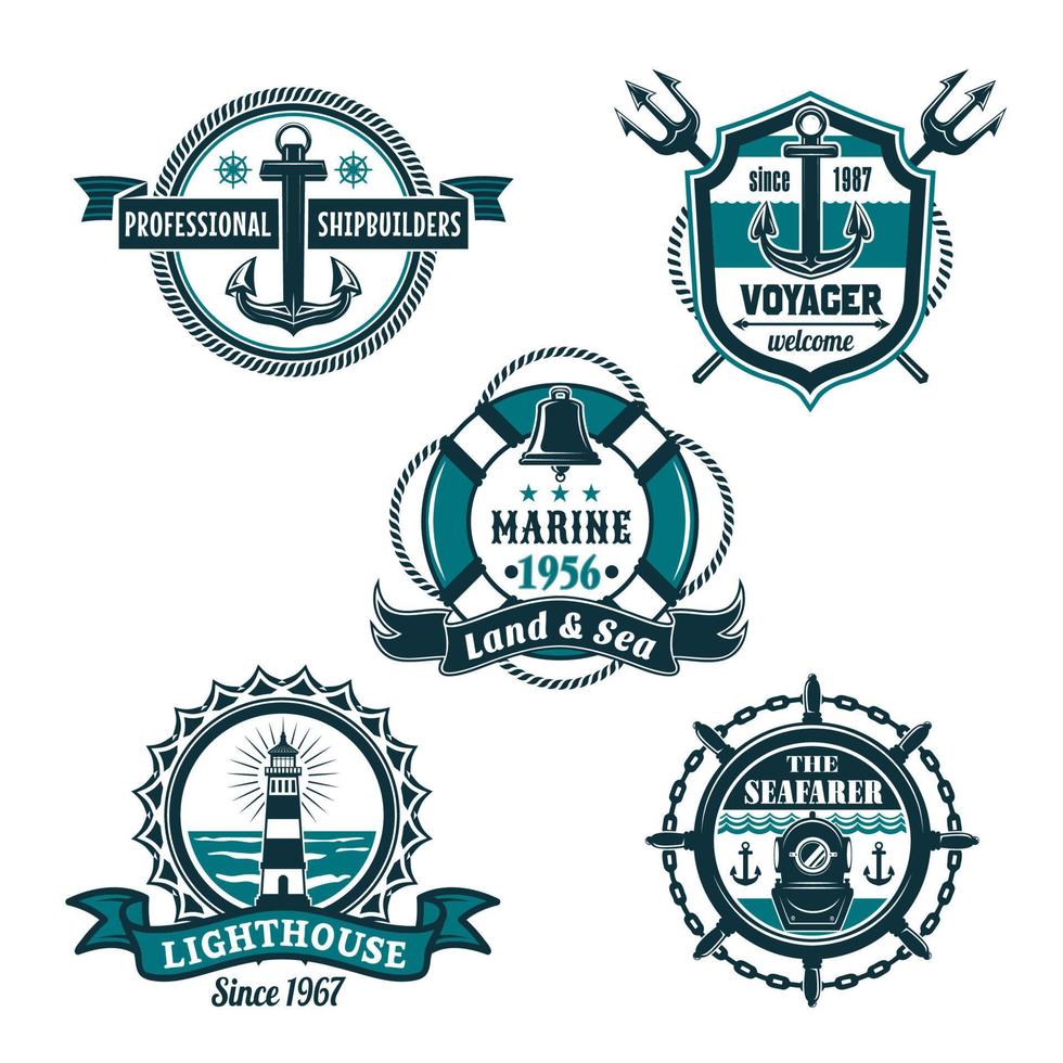Nautical retro badge set, marine heraldry design vector