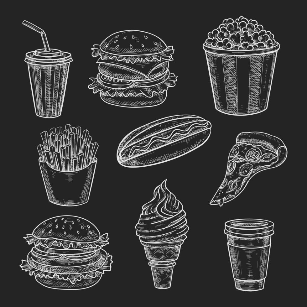 Fast food lunch meal chalk sketch on blackboard vector