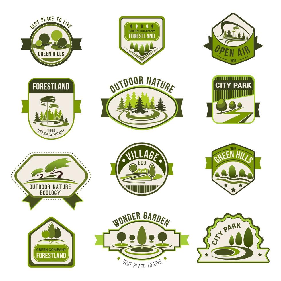Park, green city garden, eco landscaping badge set vector