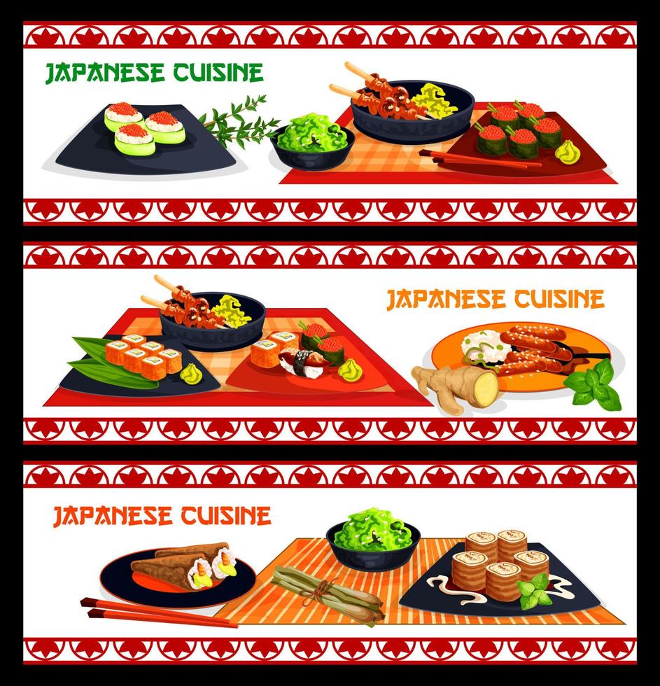 conjunto de banner de menú de sushi y mariscos de cocina japonesa vector