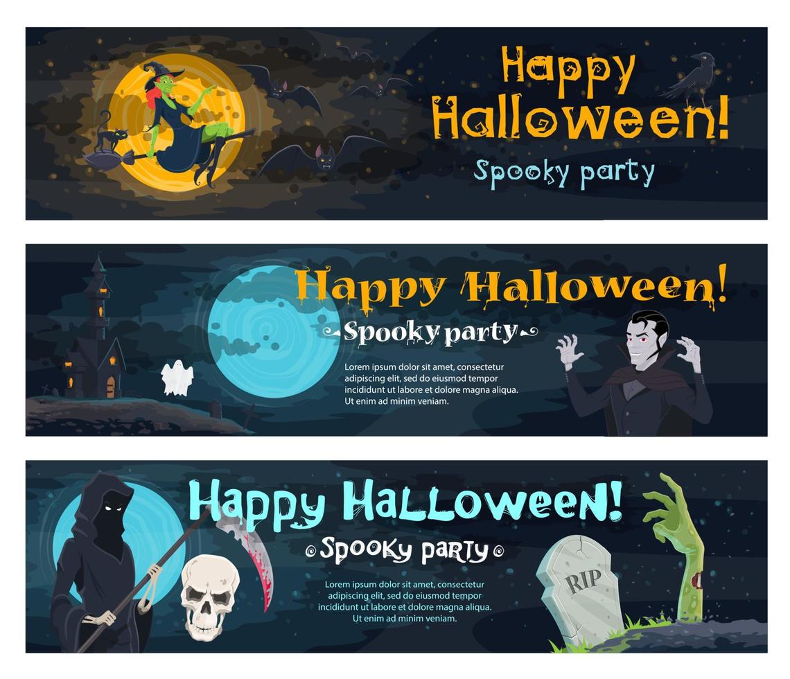 banner de fiesta de halloween con fantasma, murciélago y bruja vector