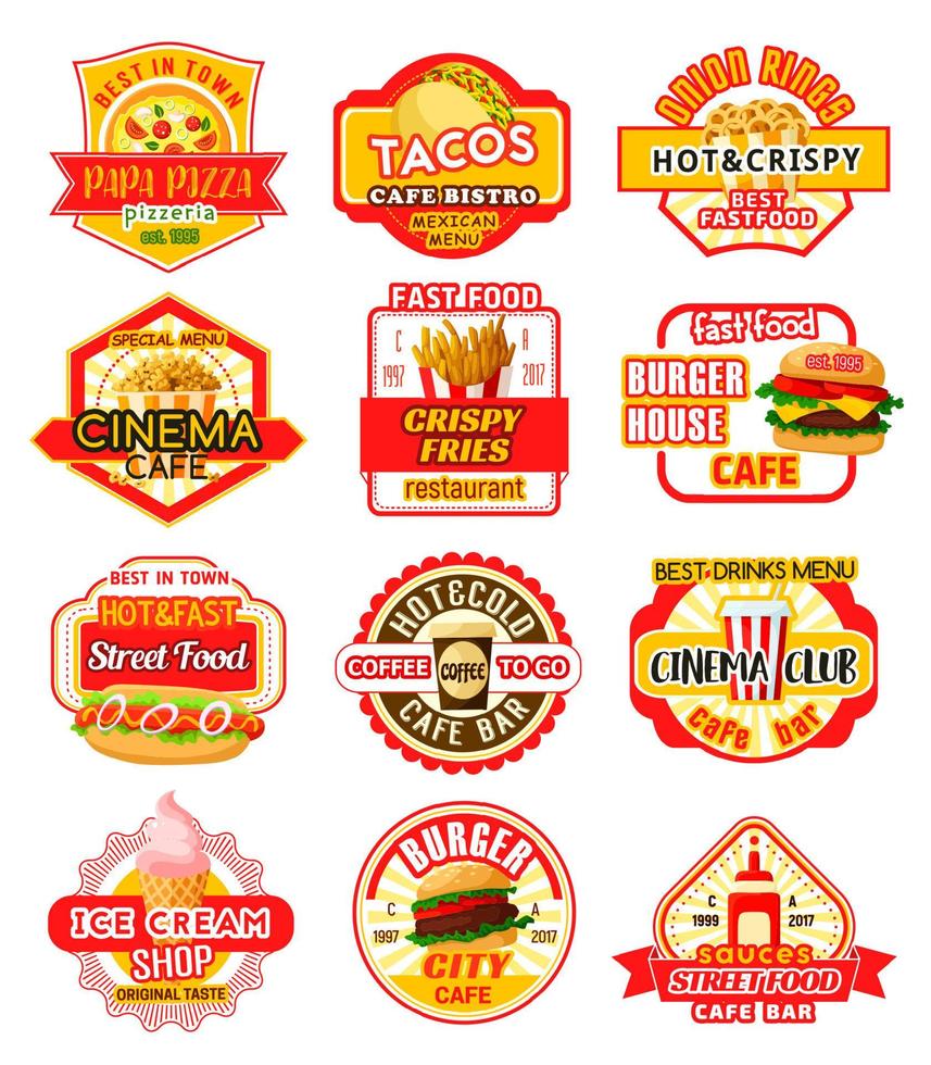 iconos de vector de comida rápida para restaurante de comida rápida