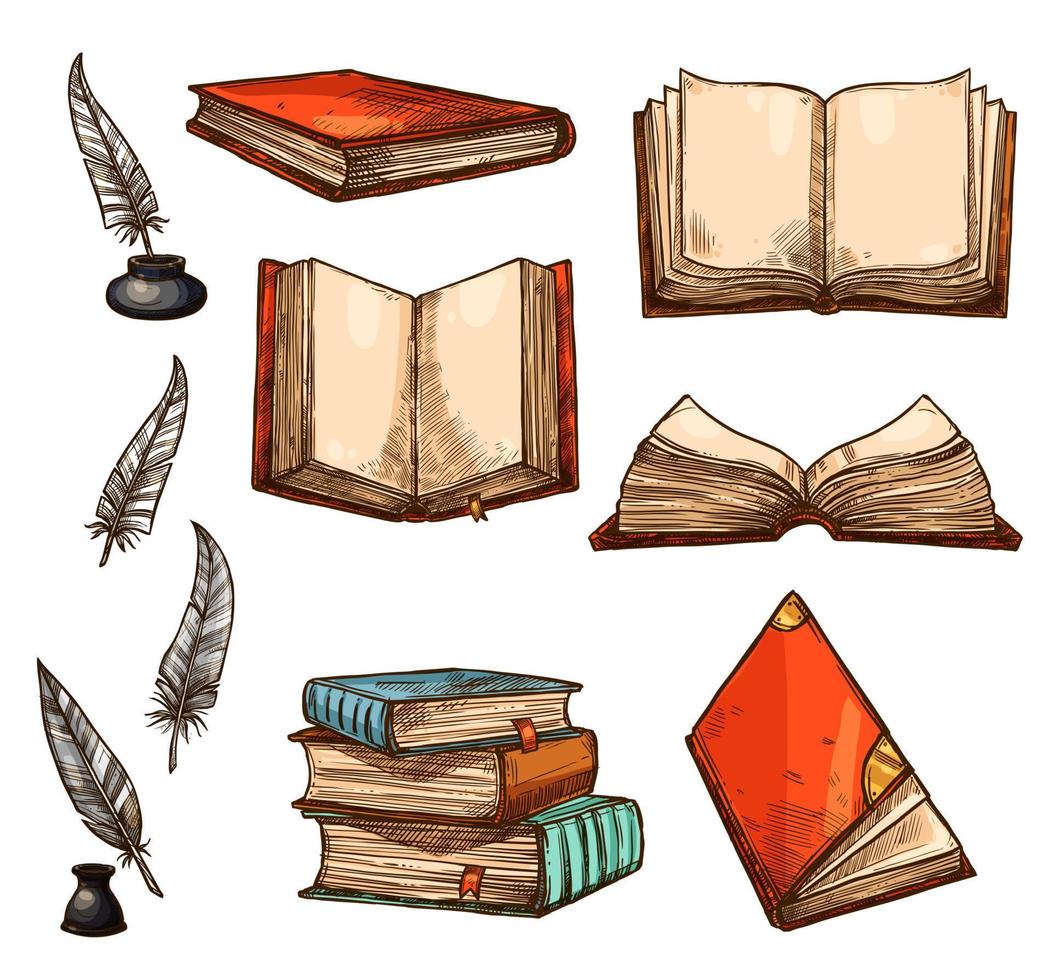 Vector icons of old books and manuscripts sketch