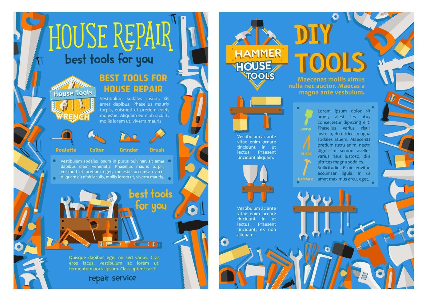 House repair work tool, hand instrument poster set vector