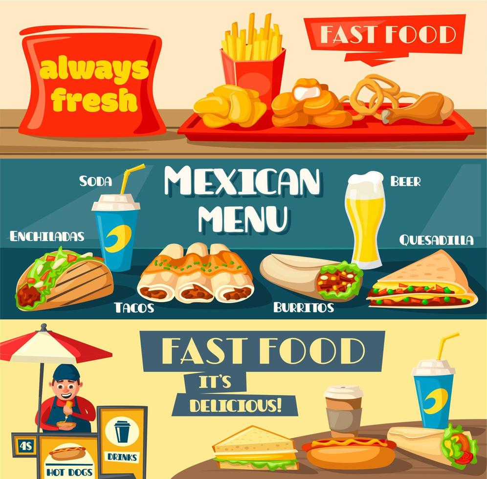 Vector fast food restaurant menu flat banners