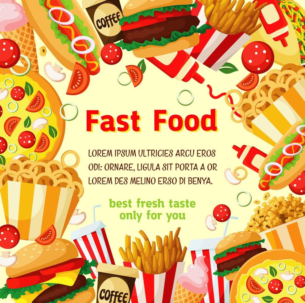 Fast food poster with fastfood meal, drink frame vector