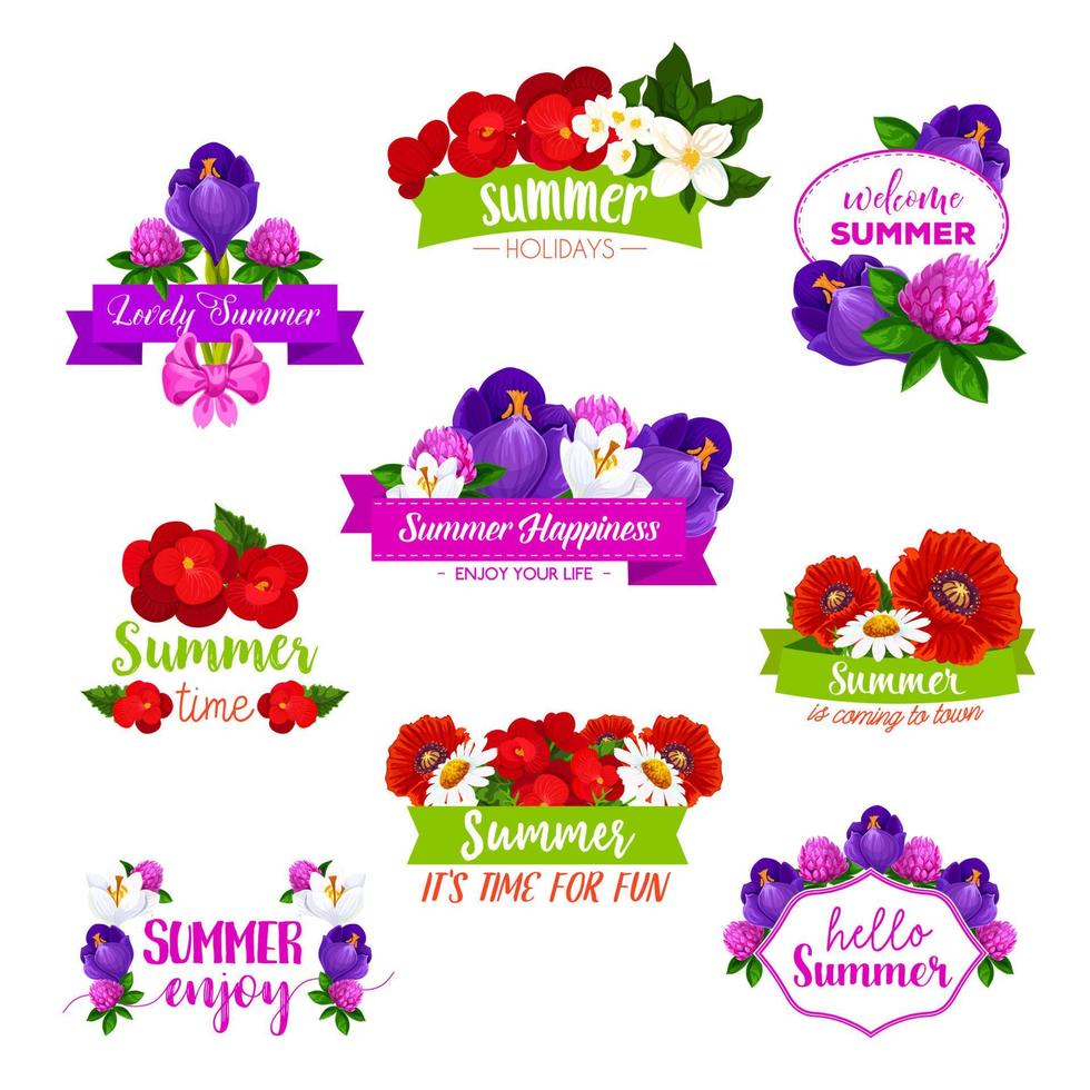 Vector icons of summer flowers blooming bouquets