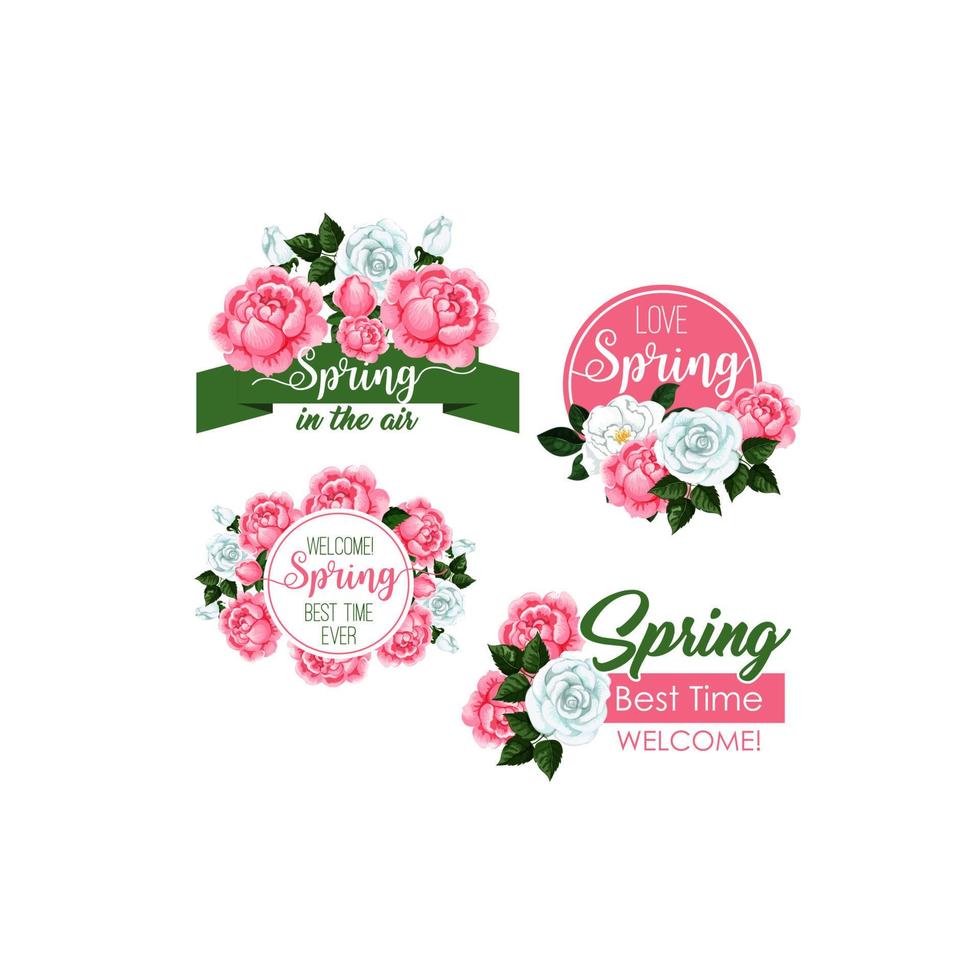 Vector spring time greeting quotes and flowers set