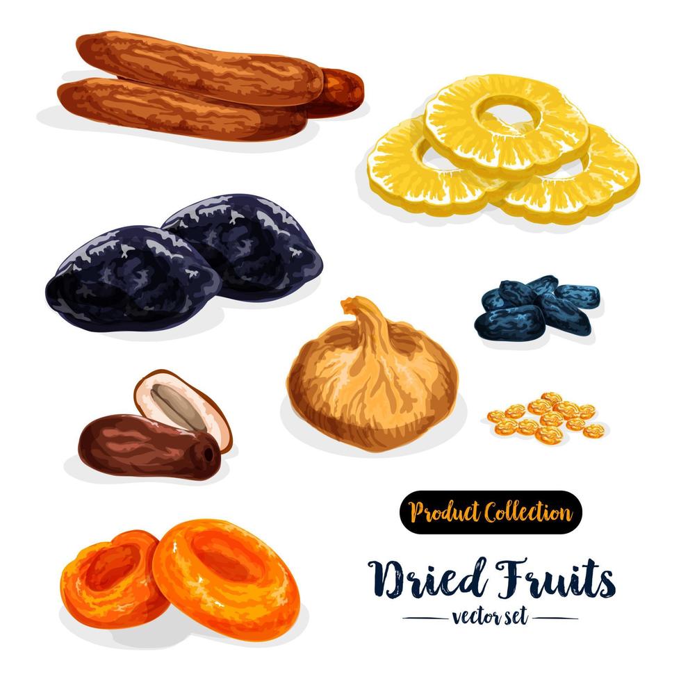 Dried fruit, natural sweets icon set, food design vector