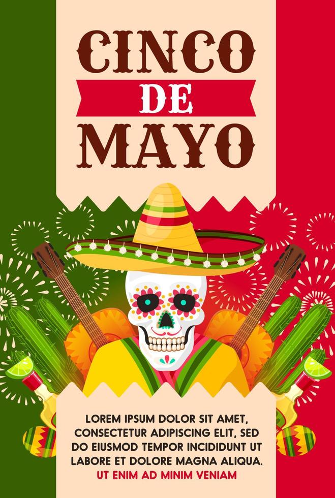 Mexican Cinco de Mayo card with skull in sombrero vector