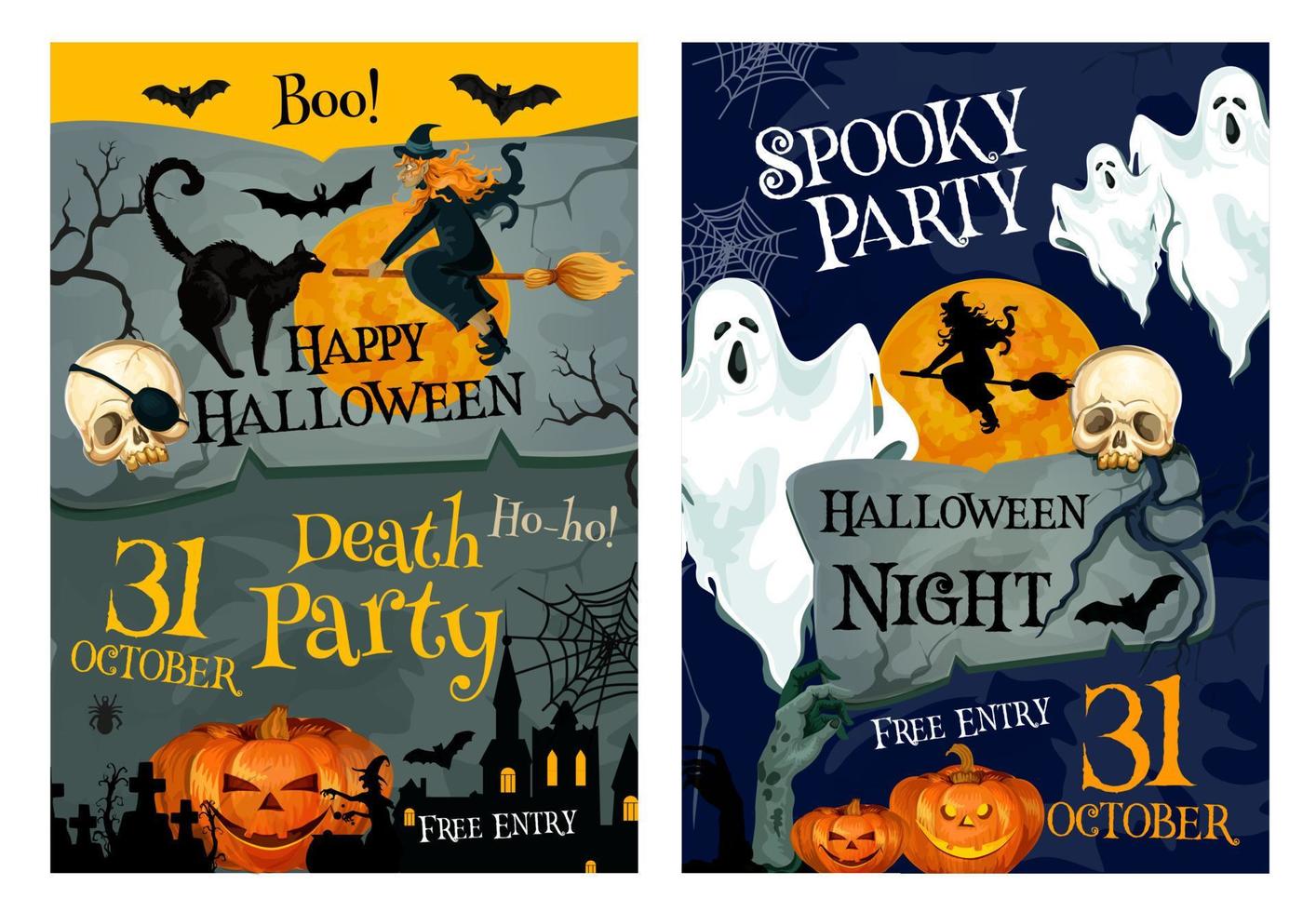 Halloween party poster of pumpkin, ghost and which vector