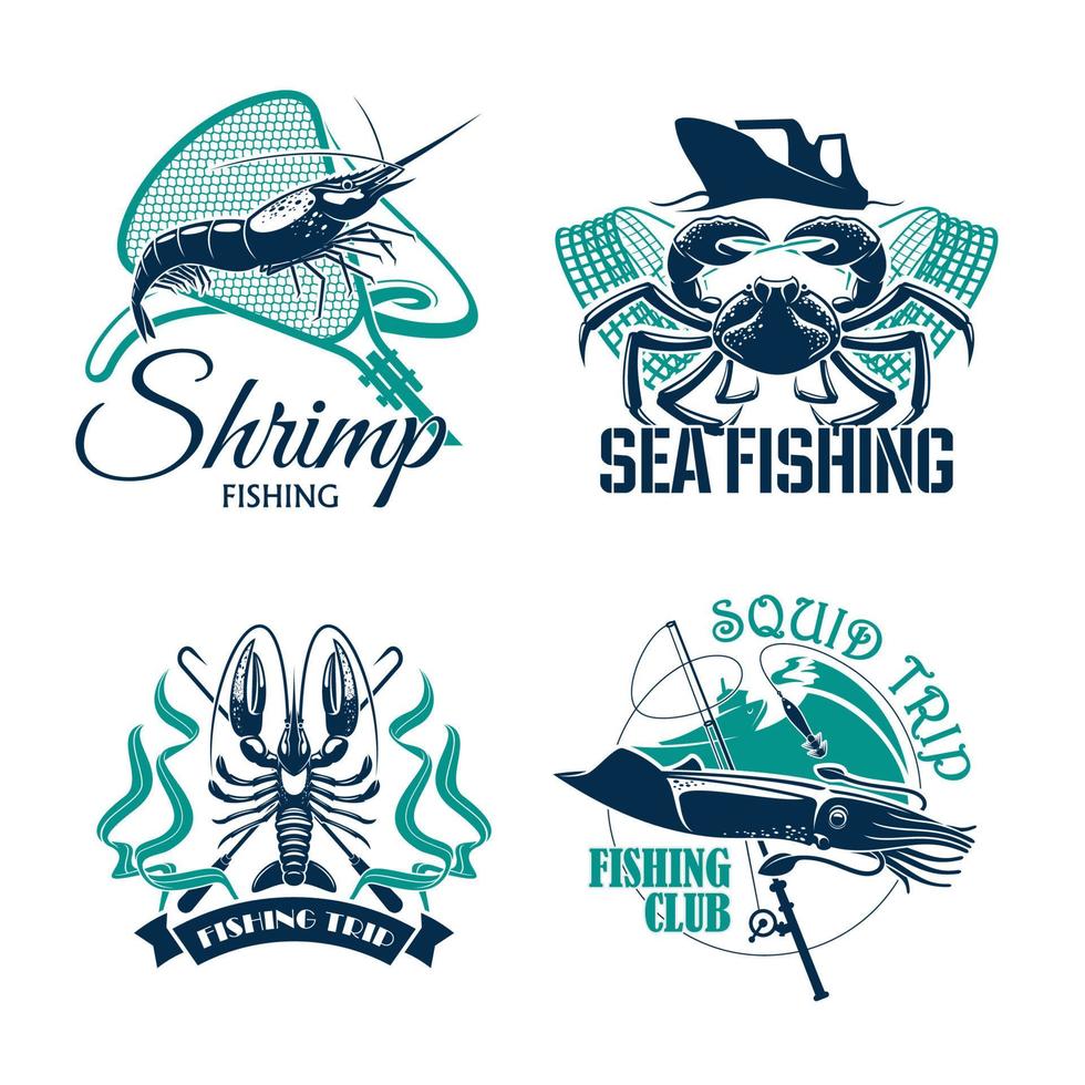 Fishing club or trip vector icons set