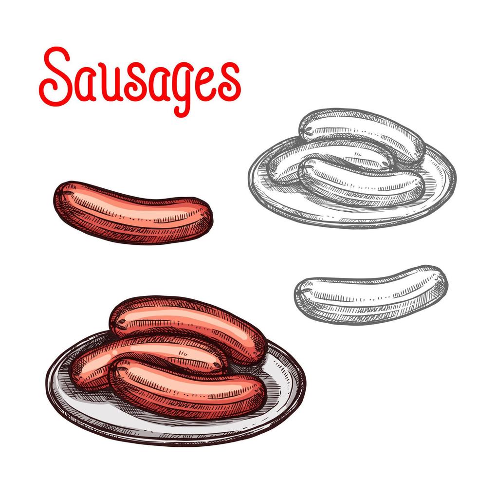 Sausage on plate sketch, meat food product design vector