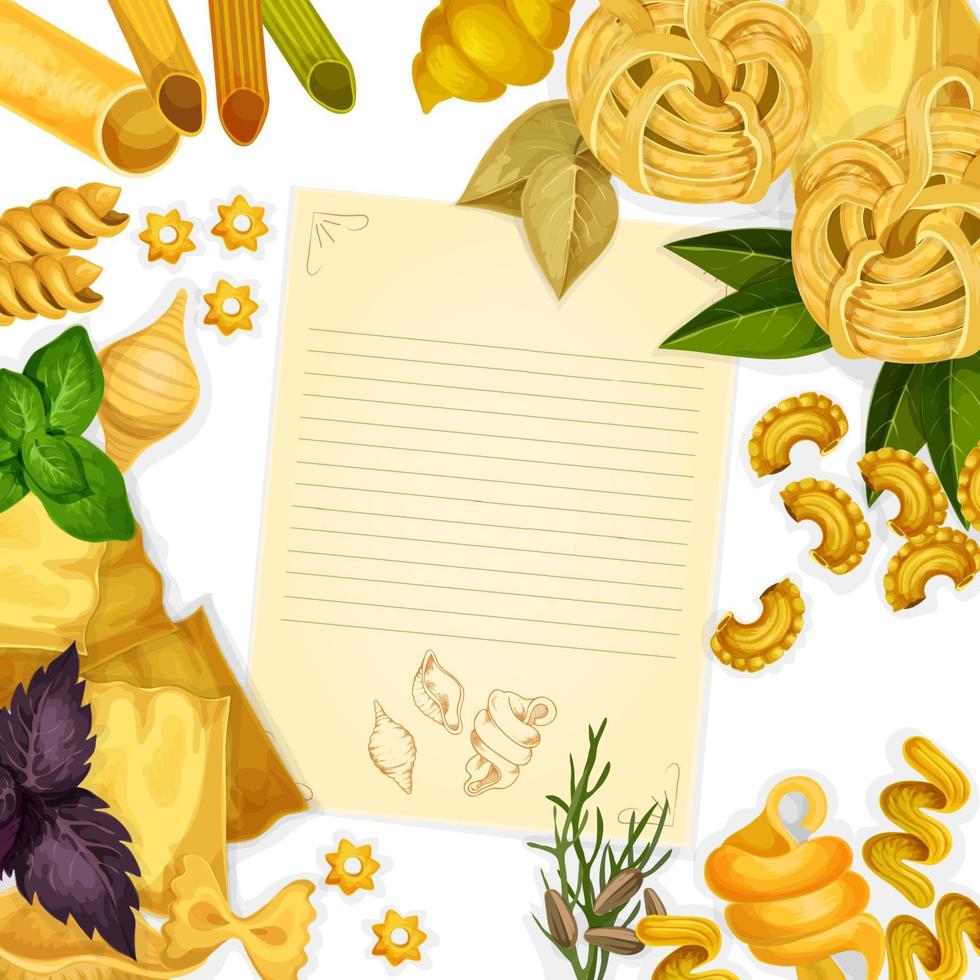 Pasta and herbs around paper with copy space vector