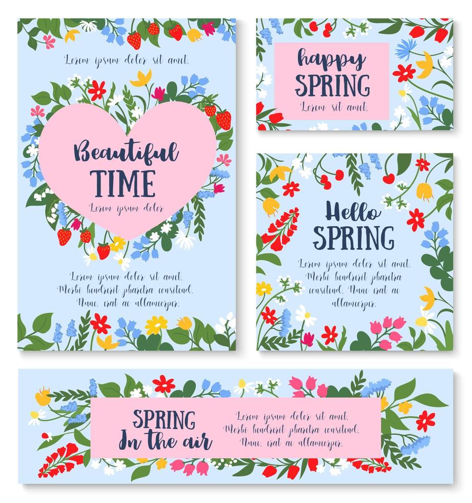 Hello spring poster template with flower and berry vector