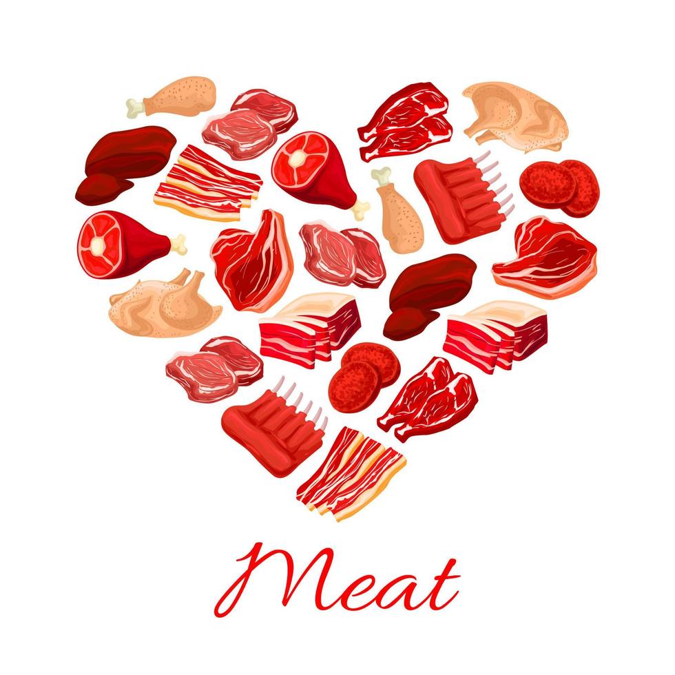 cartel de vector de corazón de productos de carne y carnicería