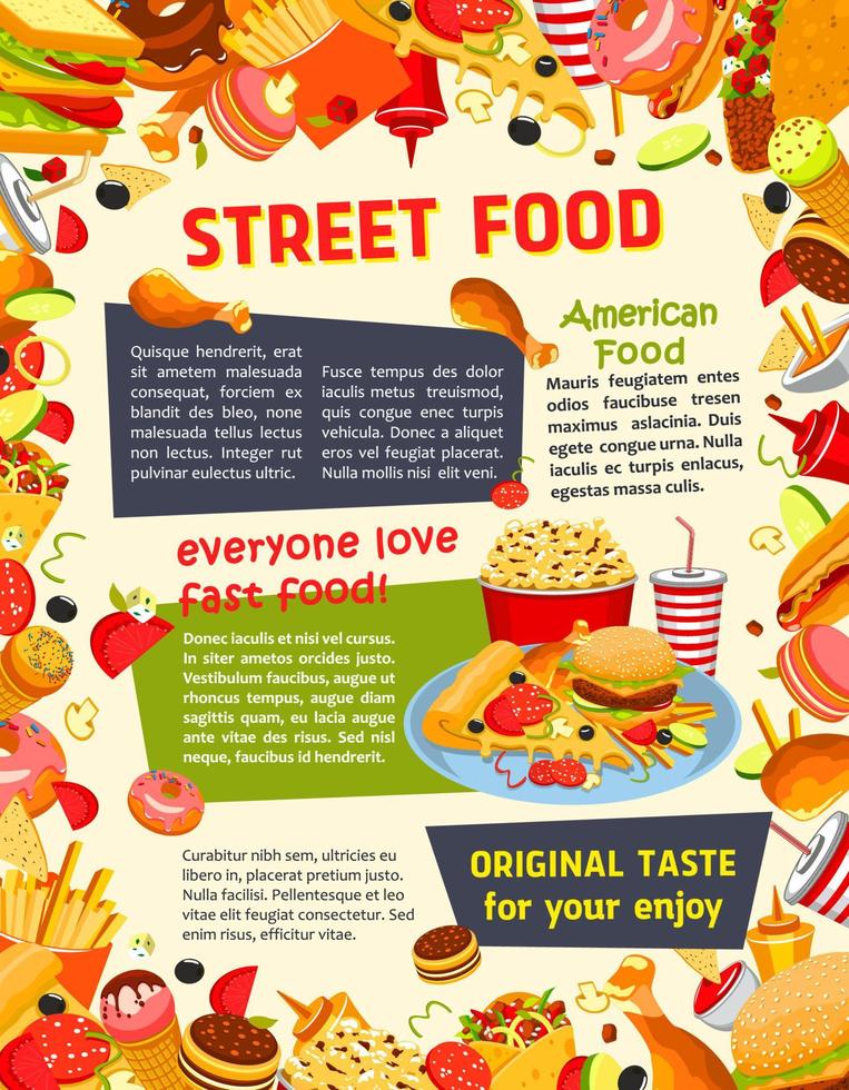 Fast food poster with burger, drink and dessert vector