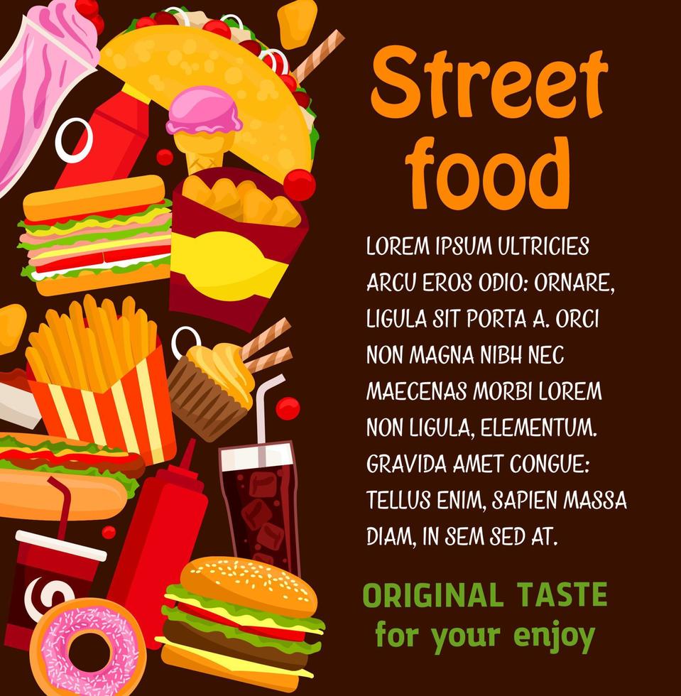 Fast food restaurant dish and drink menu poster vector