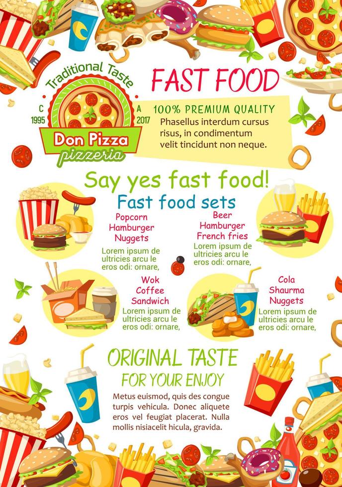 cartel de vector de menú de restaurante de comida rápida