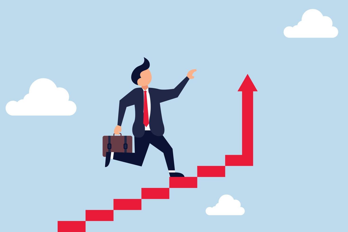 Improvement or career growth, stairway to success,  confidence businessman step walking up stair of success with rising up arrow. vector