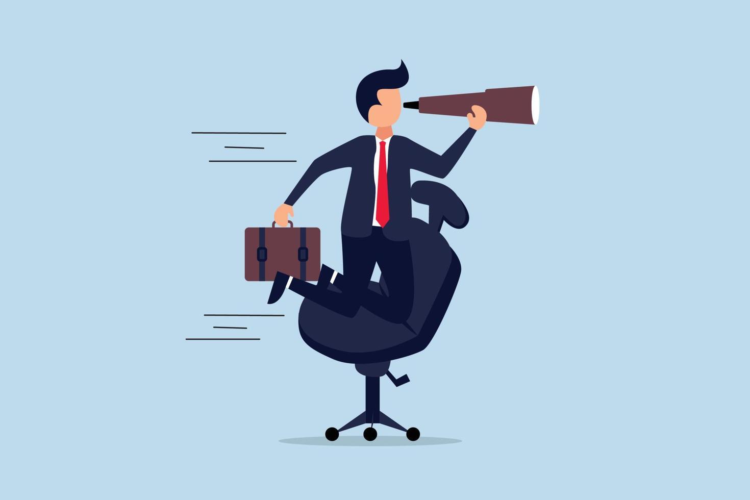 Career future, new job opportunity or visionary to success in work concept, businessman riding office chair using telescope to see future and the way forward. vector