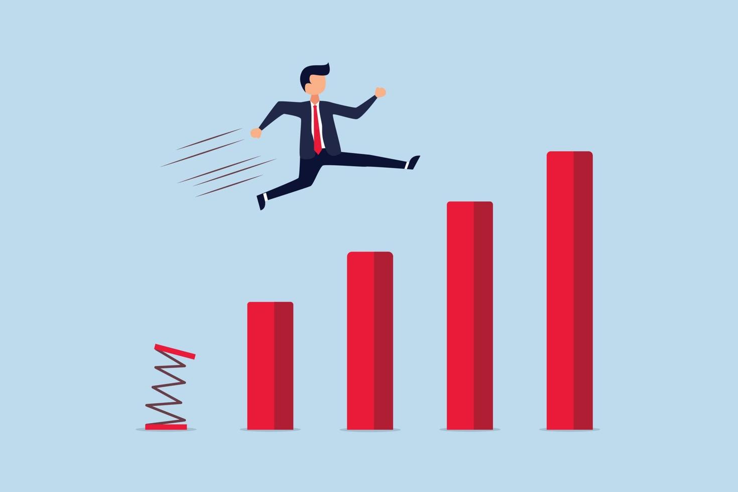 earning and profit growth jump from bottom concept, strong businessman jumping from trampoline back to top of growing bar graph. vector
