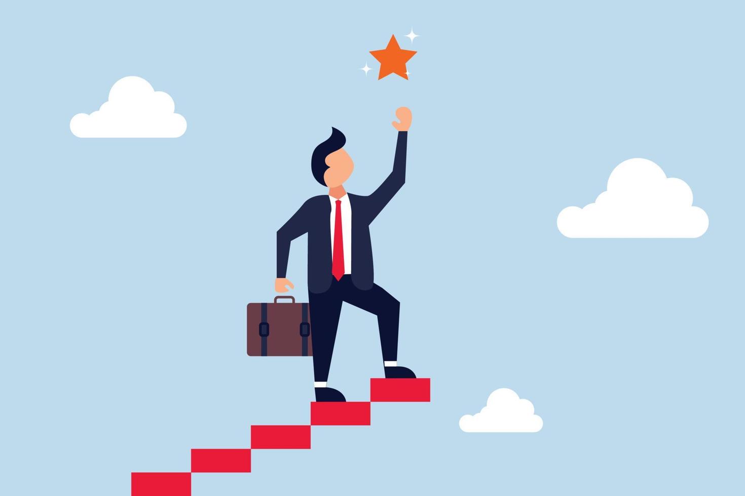 Hope to success in business, smart confident businessman climb up stair to the top to reaching to grab precious star reward. vector