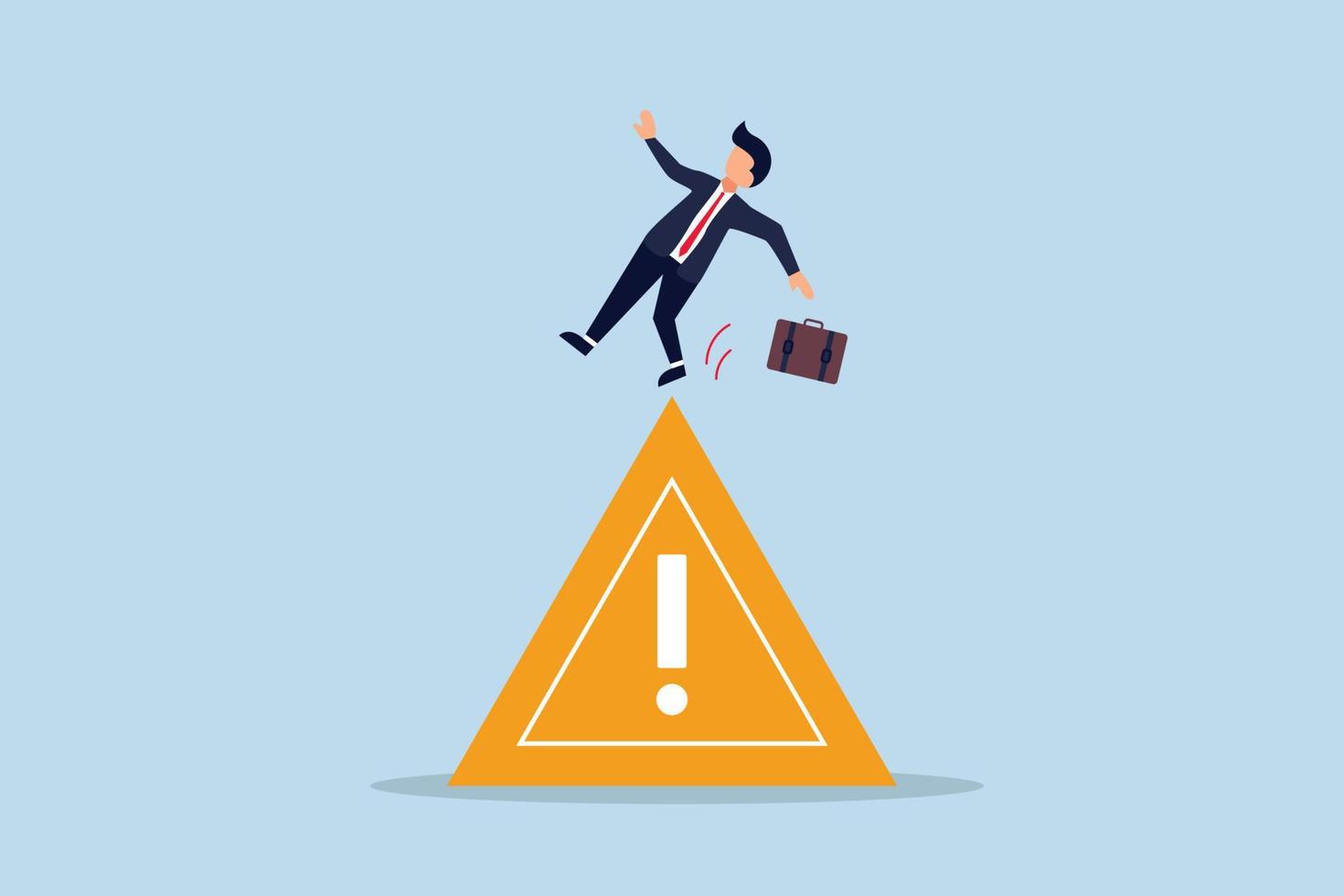 Mistake caution, business risk or problem warning, cautious businessman slip falling on exclamation symbol beware, careful caution sign. vector