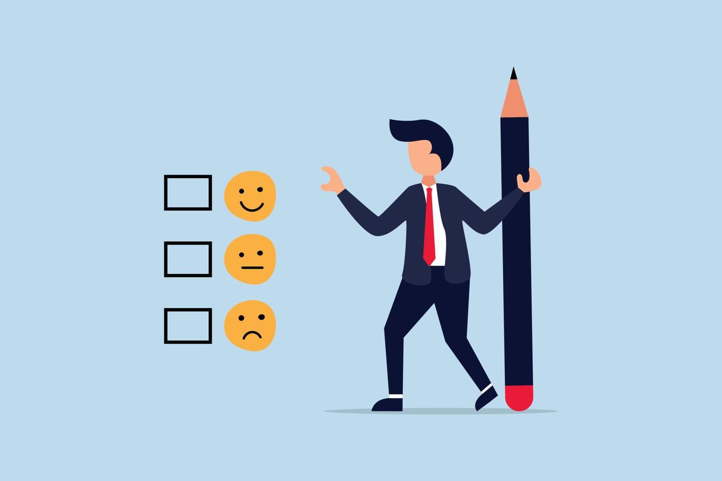 Customer rating, feedback from consumer for liking product and service concept, man holding pencil thinking about experience and giving rating on questionnaire with happy, neutral and angry faces. vector