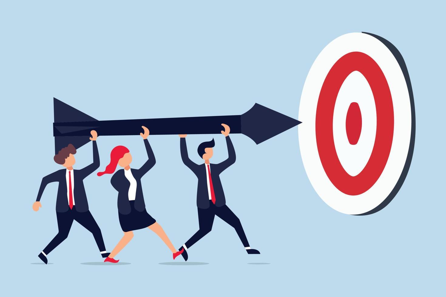 Team business goal, teamwork collaboration to achieve target. businessman and woman people help holding dart aiming on bullseye target. vector
