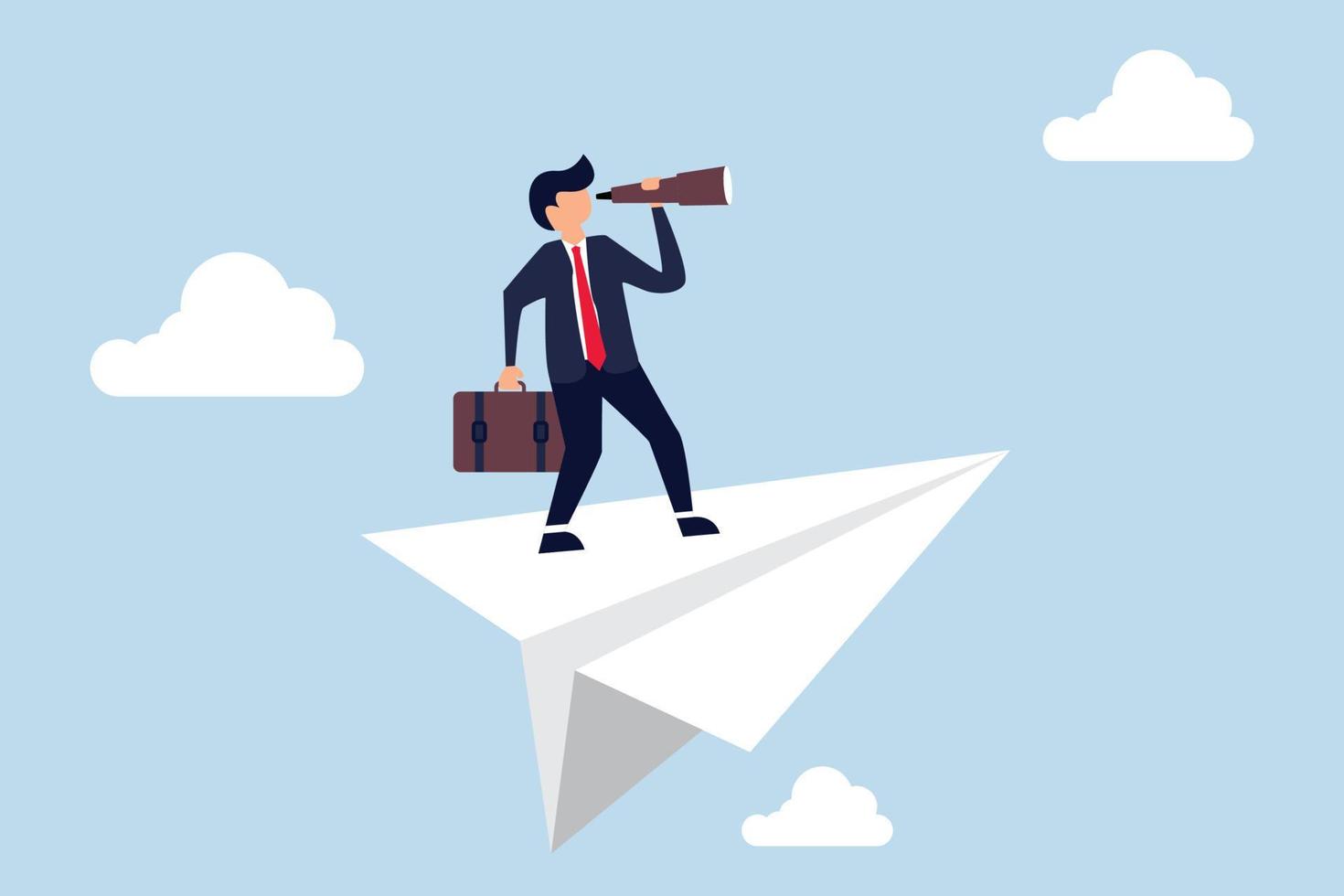 Business vision to see opportunity or strategy, confidence businessman leader on flying high paper plane looking forward through telescope. vector